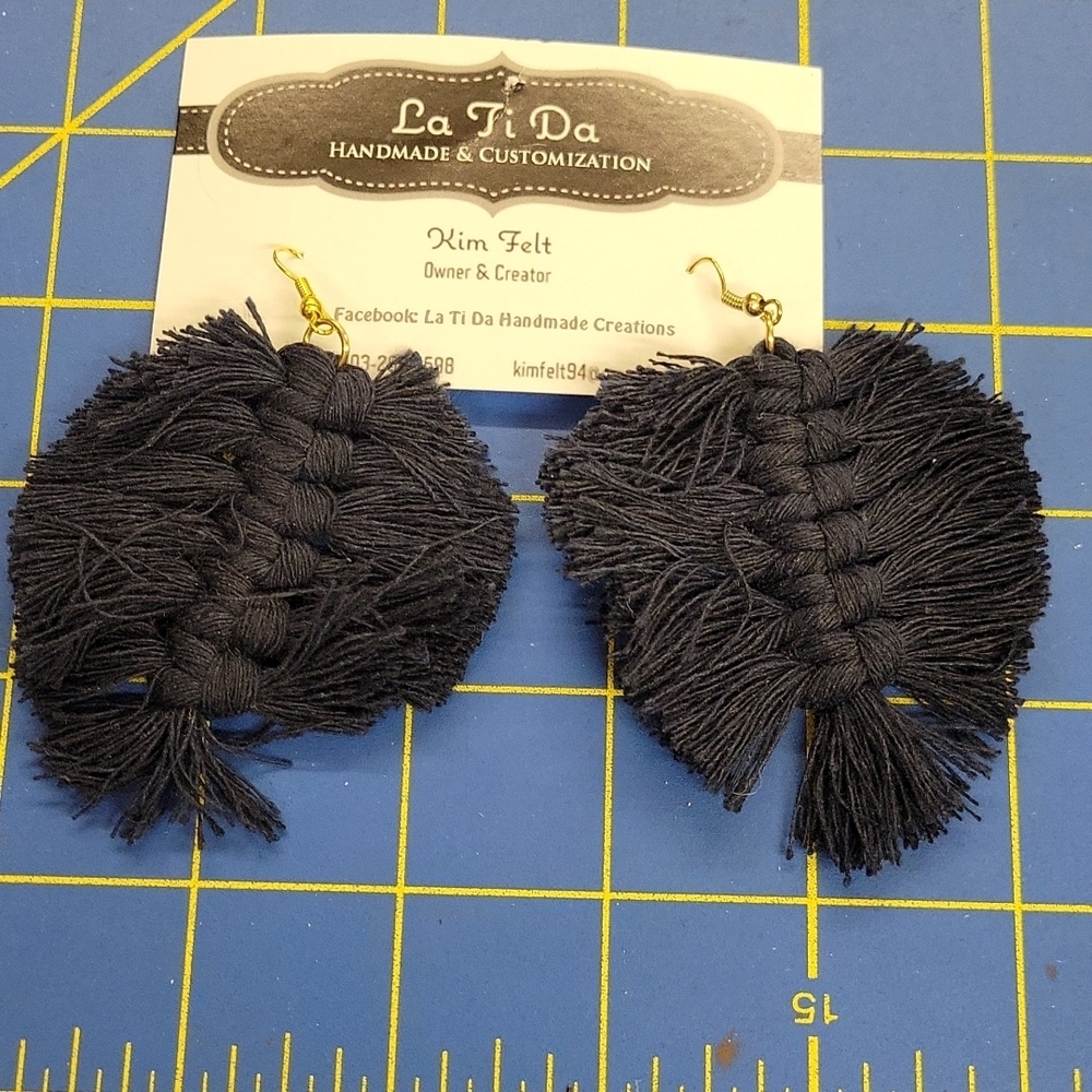 Handmade Earrings 2" Navy Blue Thready